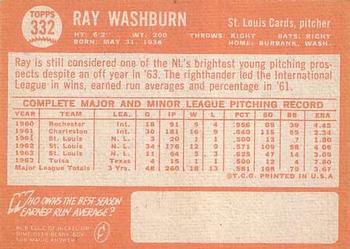 1964 Topps #332 Ray Washburn Back
