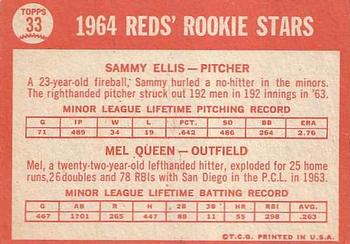 1964 Topps #33 Reds 1964 Rookie Stars (Sammy Ellis / Mel Queen) Back