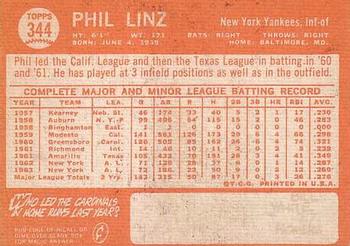 1964 Topps #344 Phil Linz Back
