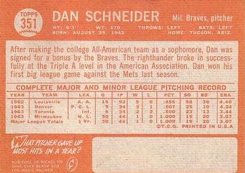 1964 Topps #351 Dan Schneider Back