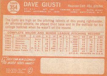 1964 Topps #354 Dave Giusti Back