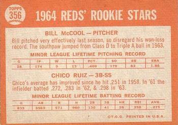 1964 Topps #356 Reds 1964 Rookie Stars (Bill McCool / Chico Ruiz) Back