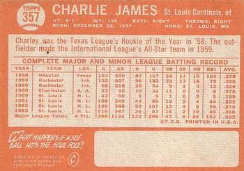 1964 Topps #357 Charlie James Back