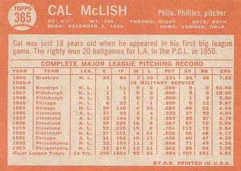 1964 Topps #365 Cal McLish Back