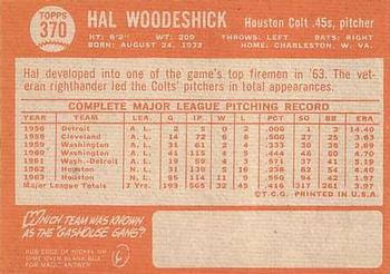 1964 Topps #370 Hal Woodeshick Back