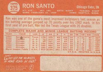 1964 Topps #375 Ron Santo Back