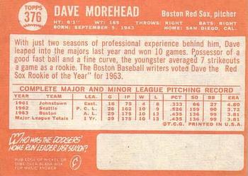 1964 Topps #376 Dave Morehead Back
