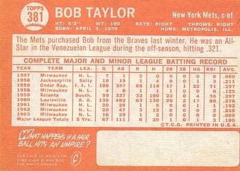 1964 Topps #381 Bob Taylor Back