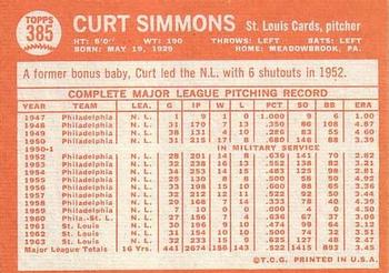 1964 Topps #385 Curt Simmons Back
