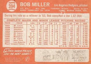 1964 Topps #394 Bob Miller Back