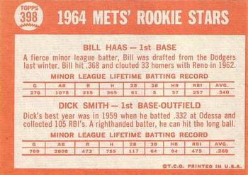 1964 Topps #398 Mets 1964 Rookie Stars (Bill Haas / Dick Smith) Back