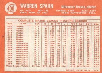 1964 Topps #400 Warren Spahn Back