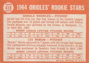 1964 Topps #418 Orioles 1964 Rookie Stars (Darold Knowles / Les Narum) Back