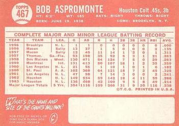 1964 Topps #467 Bob Aspromonte Back