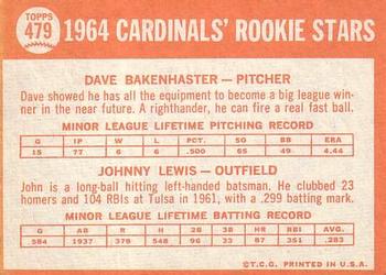 1964 Topps #479 Cardinals 1964 Rookie Stars (Dave Bakenhaster / Johnny Lewis) Back