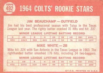 1964 Topps #492 Colts 1964 Rookie Stars (Jim Beauchamp / Mike White) Back