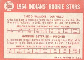 1964 Topps #499 Indians 1964 Rookie Stars (Chico Salmon / Gordon Seyfried) Back
