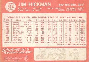 1964 Topps #514 Jim Hickman Back