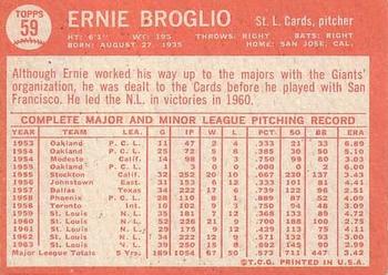 1964 Topps #59 Ernie Broglio Back