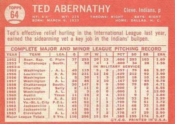 1964 Topps #64 Ted Abernathy Back