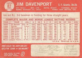 1964 Topps #82 Jim Davenport Back