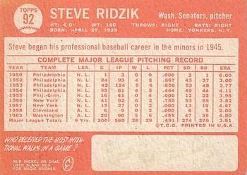 1964 Topps #92 Steve Ridzik Back