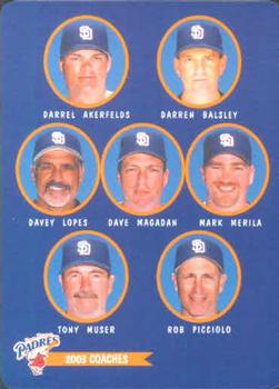 2003 Keebler San Diego Padres SGA #28 Coaches (Darrel Akerfelds / Darren Balsley / Davey Lopes / Dave Magadan / Mark Merila / Tony Muser / Rob Picciolo) Front