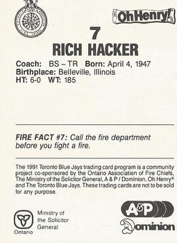 1991 Toronto Blue Jays Fire Safety #NNO Rich Hacker Back