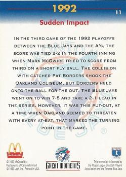 1993 Donruss McDonald's Toronto Blue Jays Great Moments #11 1992-Sudden Impact (Pat Borders) Back