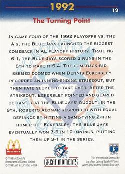 1993 Donruss McDonald's Toronto Blue Jays Great Moments #12 1992-Turning Point (Roberto Alomar) Back