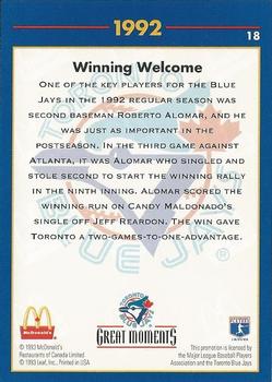 1993 Donruss McDonald's Toronto Blue Jays Great Moments #18 1992-WS Welcome (Roberto Alomar) Back