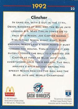 1993 Donruss McDonald's Toronto Blue Jays Great Moments #22 1992-WS Clincher (Joe Carter) Back