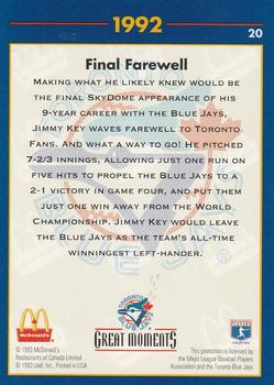 1993 Donruss McDonald's Toronto Blue Jays Great Moments #20 1992-WS Final Farewell (Jimmy Key) Back