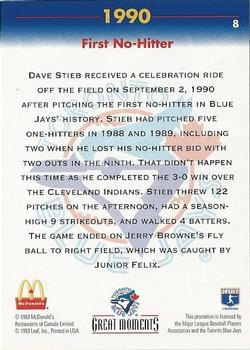 1993 Donruss McDonald's Toronto Blue Jays Great Moments #8 1990-First No-Hitter (Dave Stieb) Back