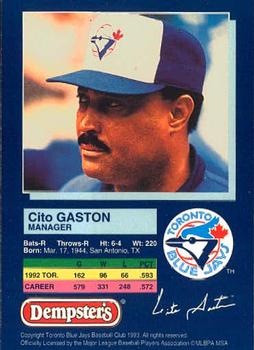 1993 Dempster's Toronto Blue Jays #13 Cito Gaston Back