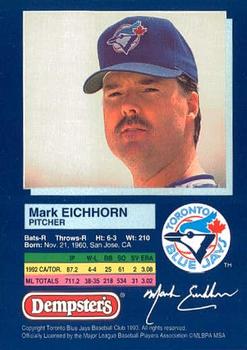 1993 Dempster's Toronto Blue Jays #15 Mark Eichhorn Back