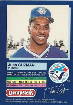 1993 Dempster's Toronto Blue Jays #1 Juan Guzman Back