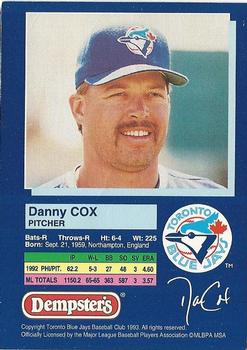 1993 Dempster's Toronto Blue Jays #3 Danny Cox Back