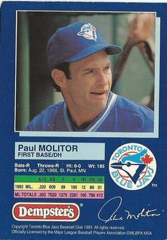 1993 Dempster's Toronto Blue Jays #4 Paul Molitor Back