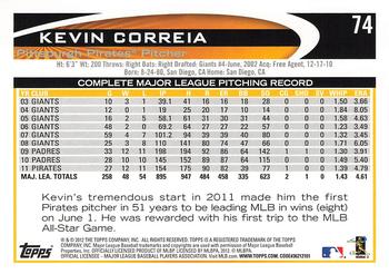 2012 Topps #74 Kevin Correia Back
