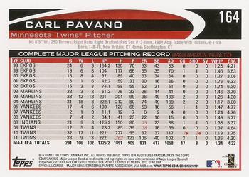 2012 Topps #164 Carl Pavano Back