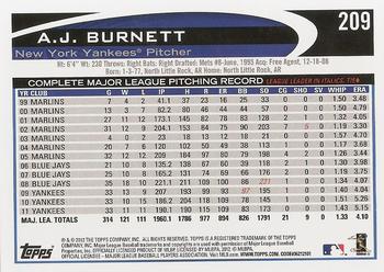 2012 Topps #209 A.J. Burnett Back