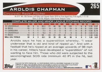 2012 Topps #265 Aroldis Chapman Back