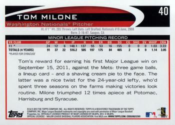 2012 Topps #40 Tom Milone Back