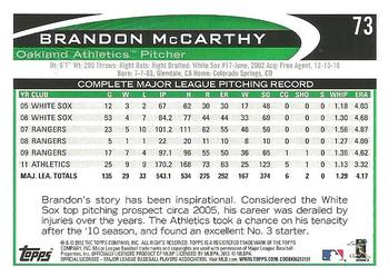 2012 Topps #73 Brandon McCarthy Back