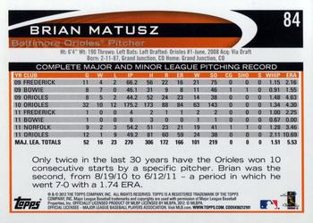 2012 Topps #84 Brian Matusz Back