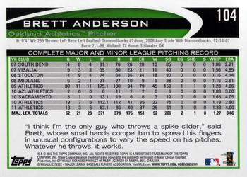 2012 Topps #104 Brett Anderson Back