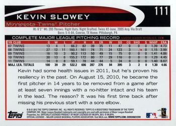 2012 Topps #111 Kevin Slowey Back