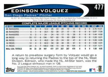 2012 Topps #477 Edinson Volquez Back