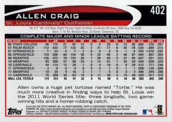 2012 Topps #402 Allen Craig Back